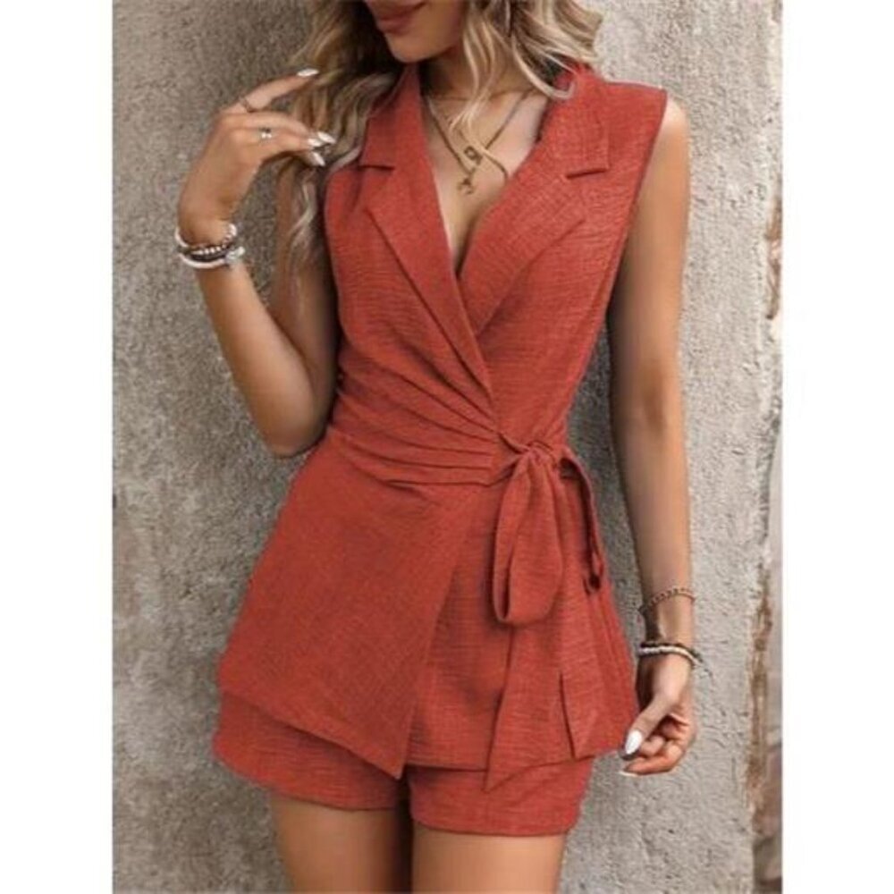 Sleeveless Blazer & Shorts Set with Tie Waist